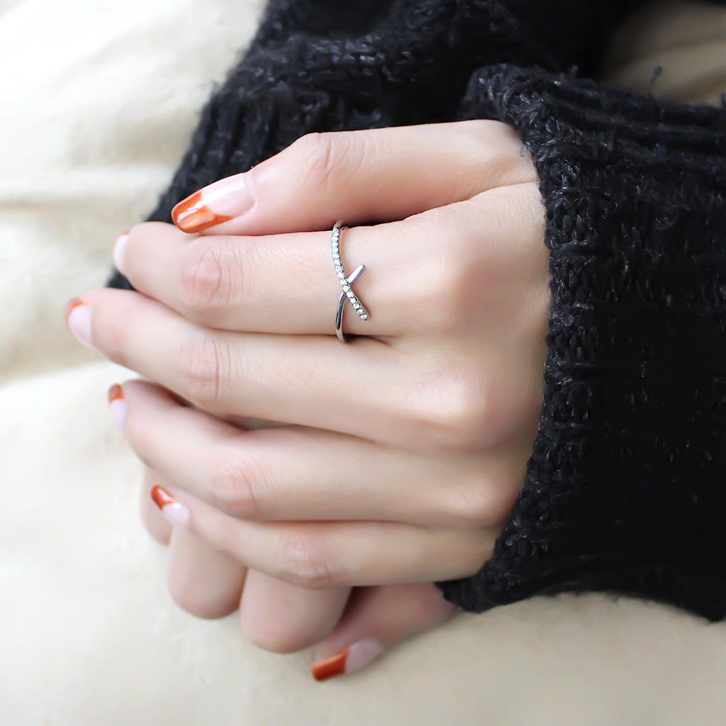 DA112 - High polished (no plating) Stainless Steel Ring with AAA Grade CZ  in Clear-4