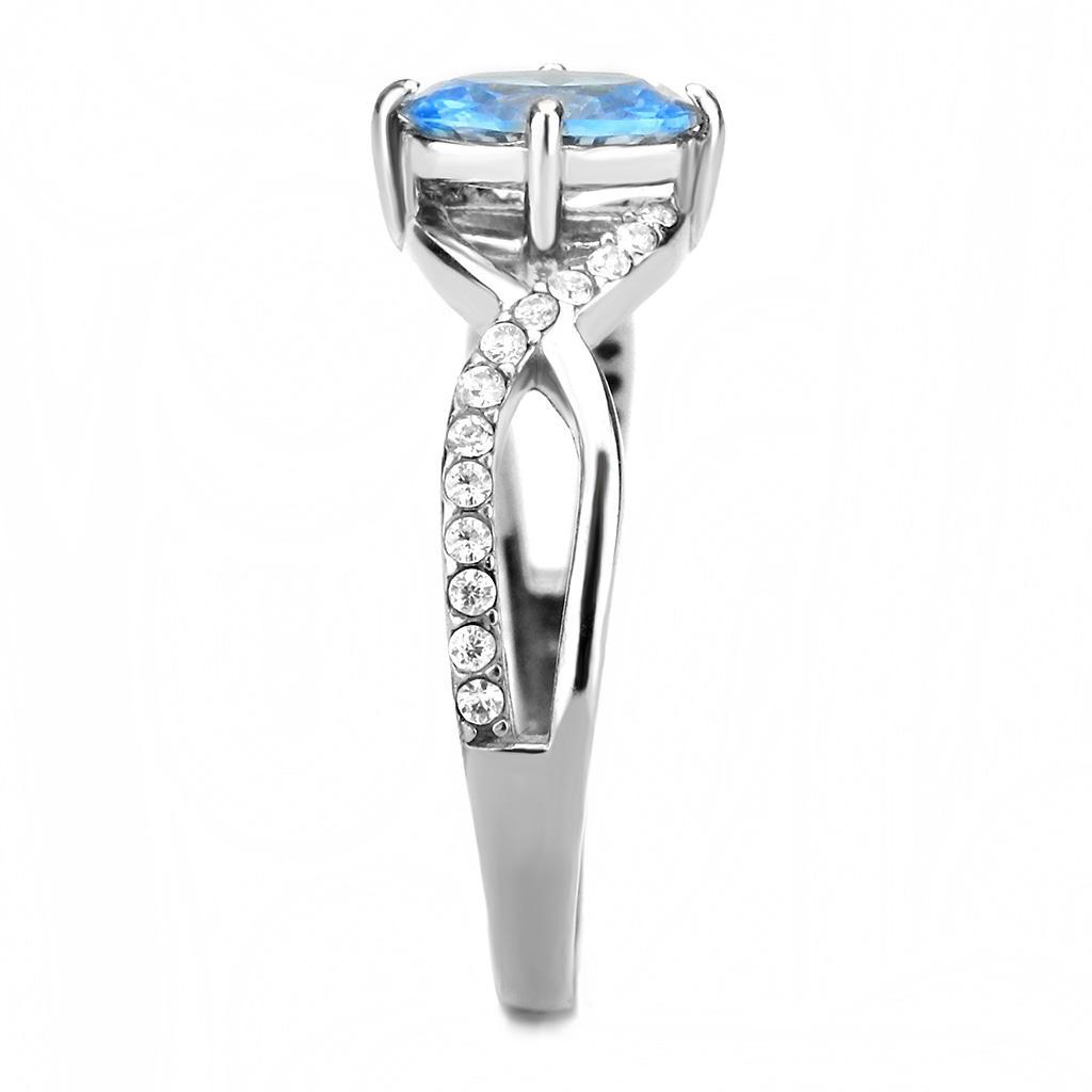 DA117 - High polished (no plating) Stainless Steel Ring with AAA Grade CZ  in Sea Blue-3