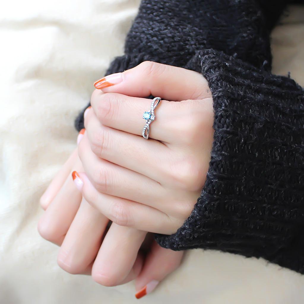 DA120 - High polished (no plating) Stainless Steel Ring with AAA Grade CZ  in Sea Blue-4