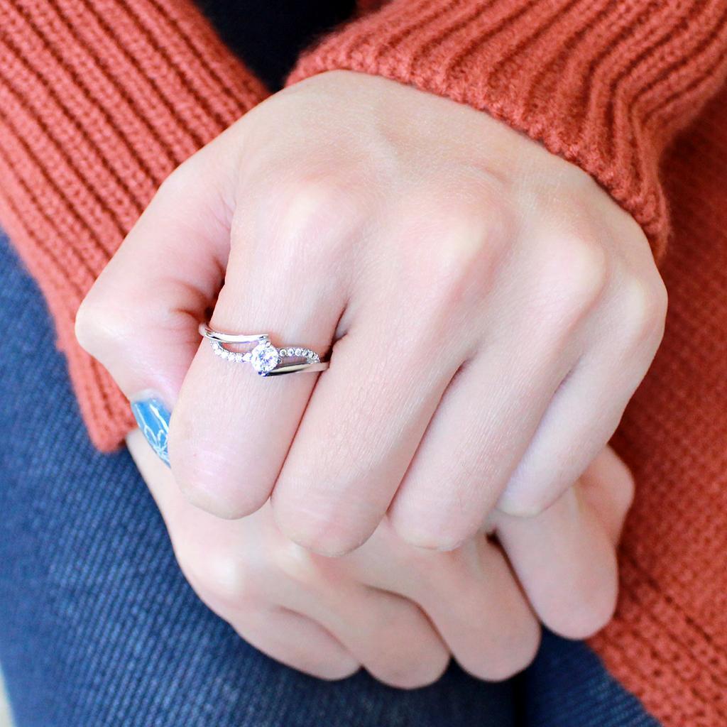 DA144 - High polished (no plating) Stainless Steel Ring with AAA Grade CZ  in Clear-4