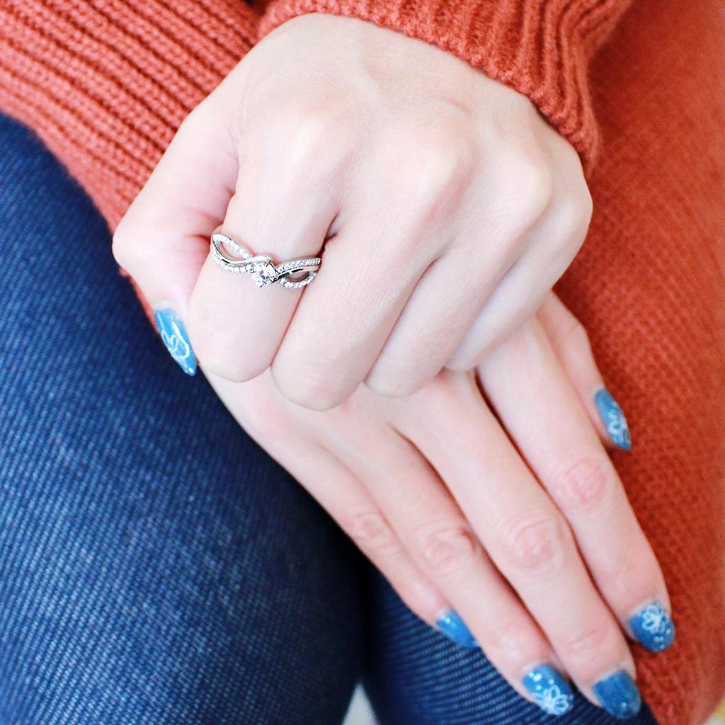 DA147 - High polished (no plating) Stainless Steel Ring with AAA Grade CZ  in Clear-4
