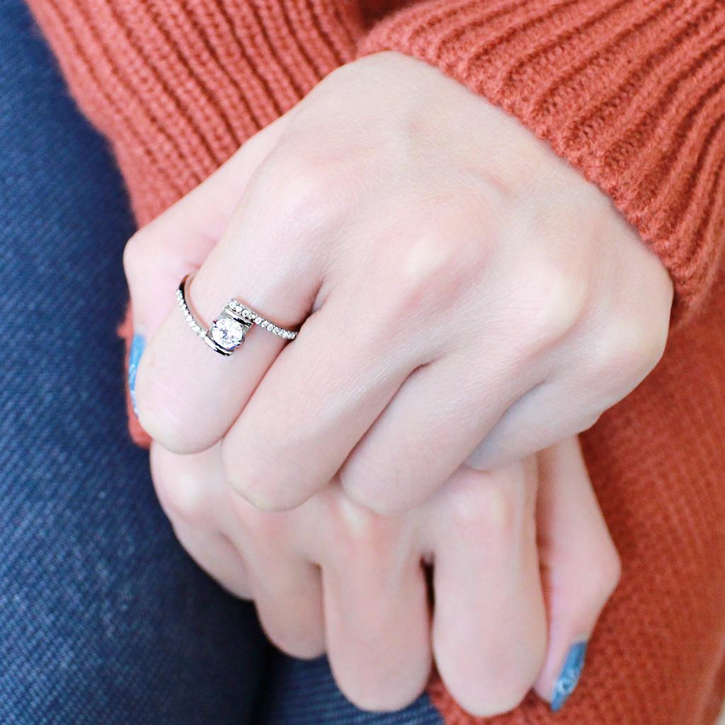 DA151 - High polished (no plating) Stainless Steel Ring with AAA Grade CZ  in Clear-4