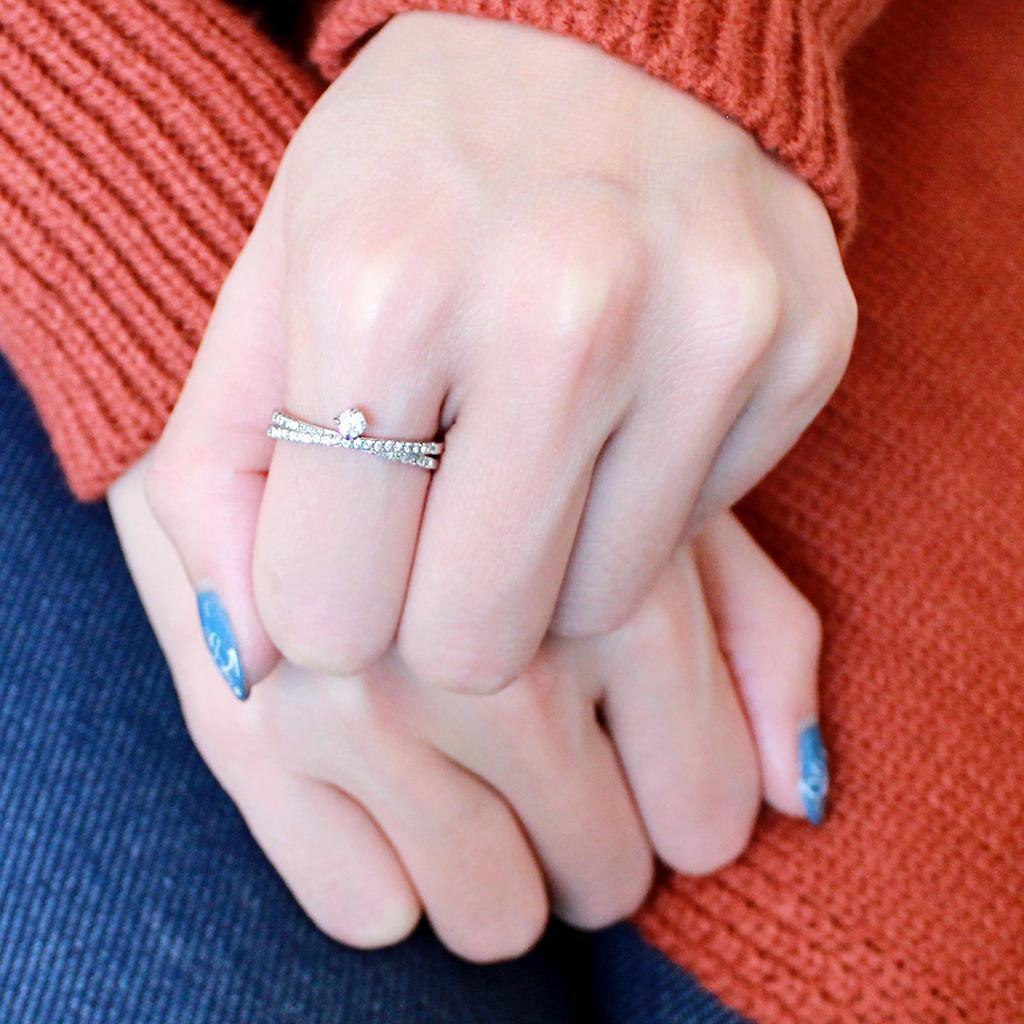 DA153 - High polished (no plating) Stainless Steel Ring with AAA Grade CZ  in Clear-4