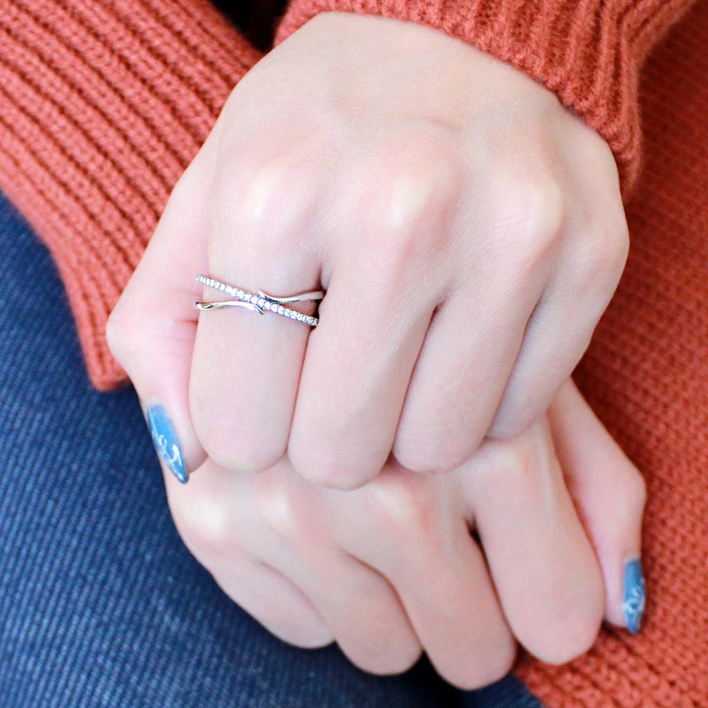 DA155 - High polished (no plating) Stainless Steel Ring with AAA Grade CZ  in Clear-4