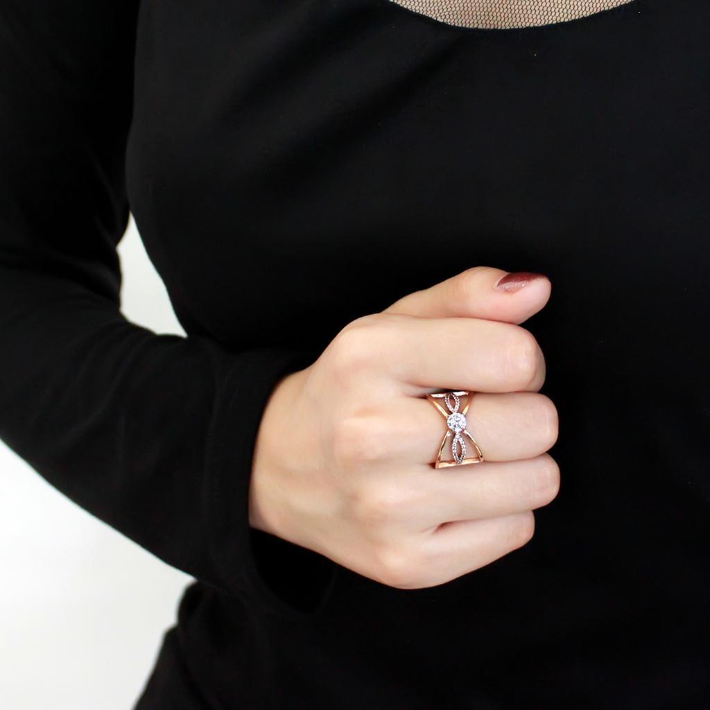 DA169 - IP Rose Gold(Ion Plating) Stainless Steel Ring with AAA Grade CZ  in Clear-4