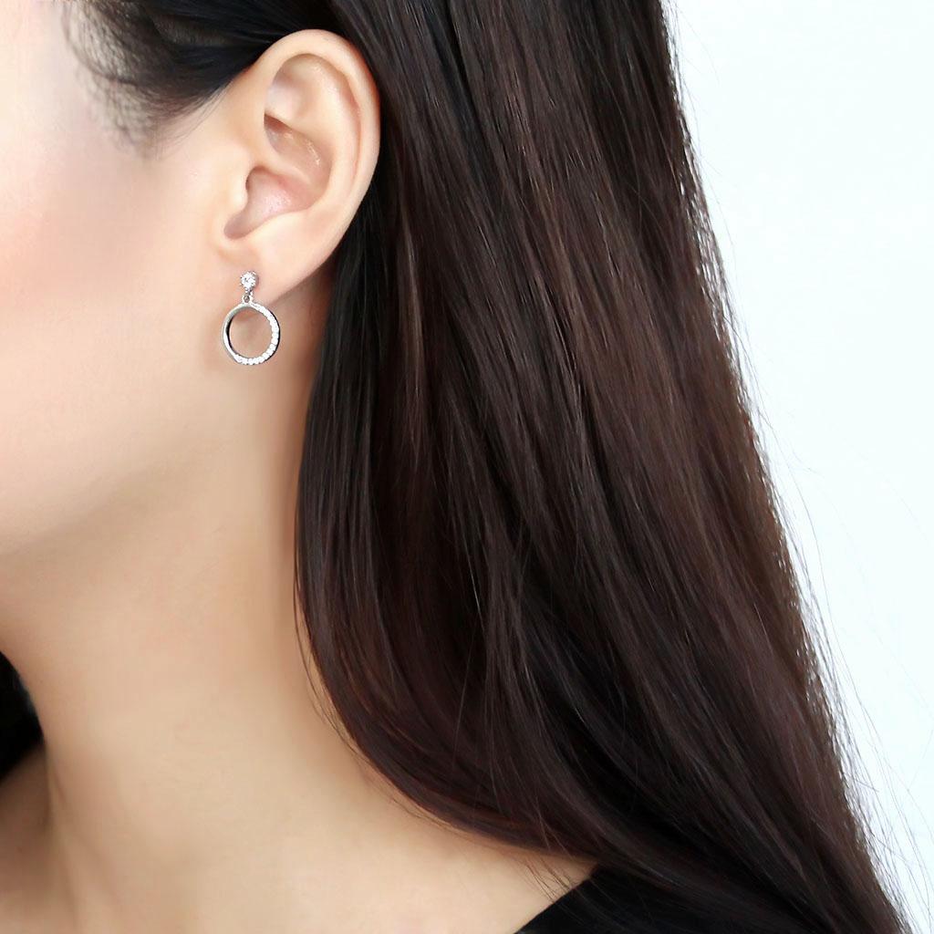 DA180 - High polished (no plating) Stainless Steel Earrings with AAA Grade CZ  in Clear-2