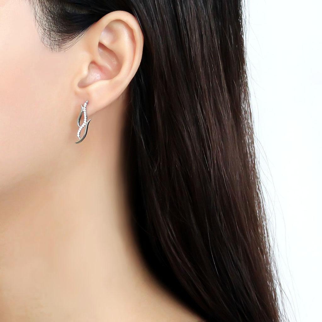 DA182 - High polished (no plating) Stainless Steel Earrings with AAA Grade CZ  in Clear-2