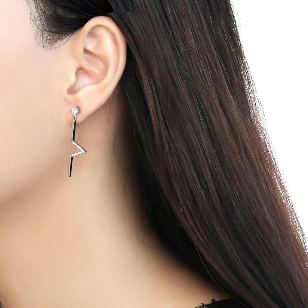 DA191 - High polished (no plating) Stainless Steel Earrings with AAA Grade CZ  in Clear-3