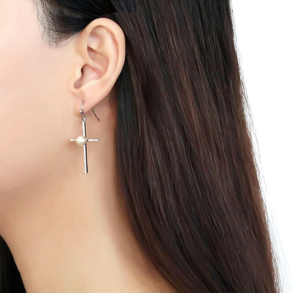 DA192 - High polished (no plating) Stainless Steel Earrings with Synthetic Pearl in White-2