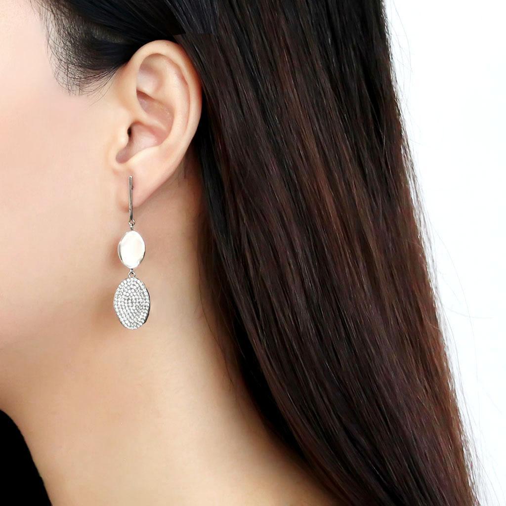 DA193 - High polished (no plating) Stainless Steel Earrings with AAA Grade CZ  in Clear-2