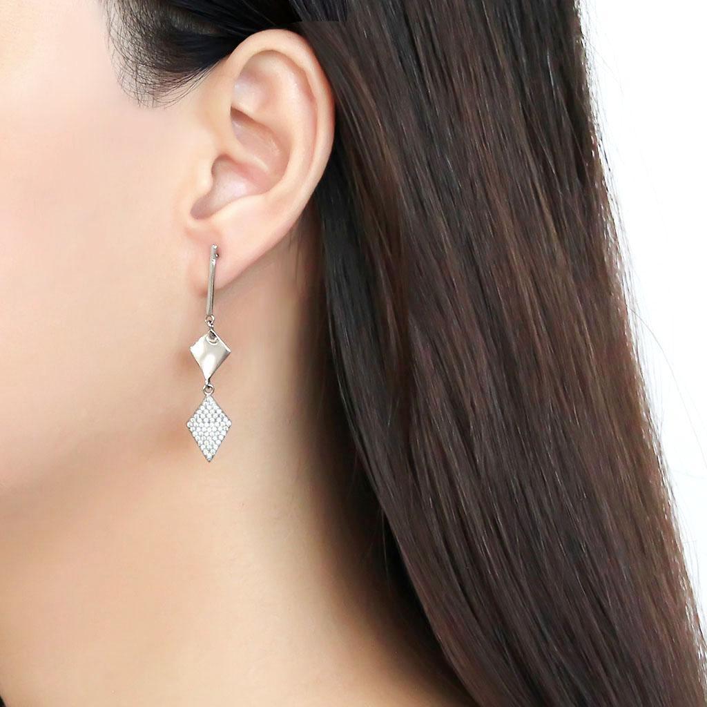 DA194 - High polished (no plating) Stainless Steel Earrings with AAA Grade CZ  in Clear-2