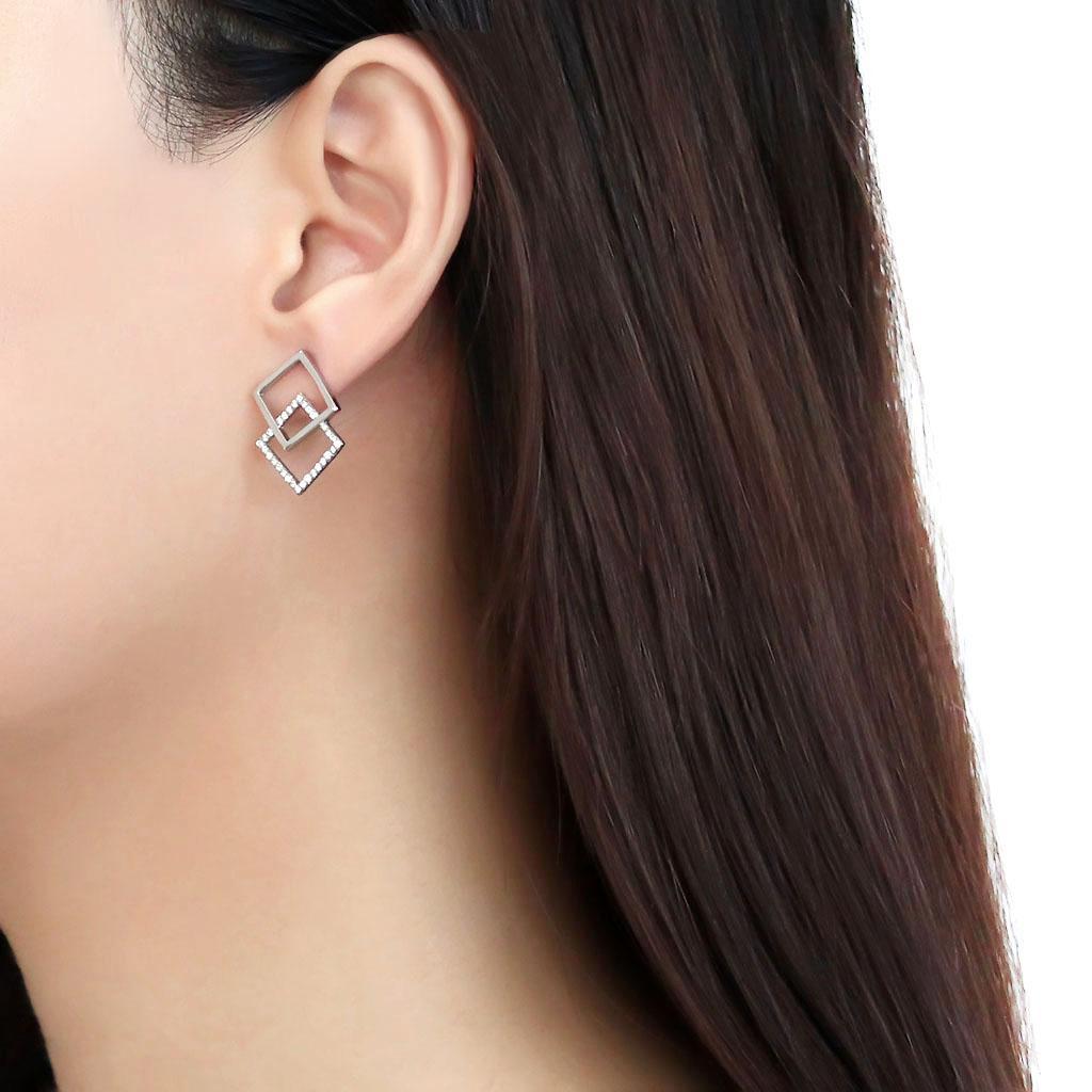 DA201 - High polished (no plating) Stainless Steel Earrings with AAA Grade CZ  in Clear-2