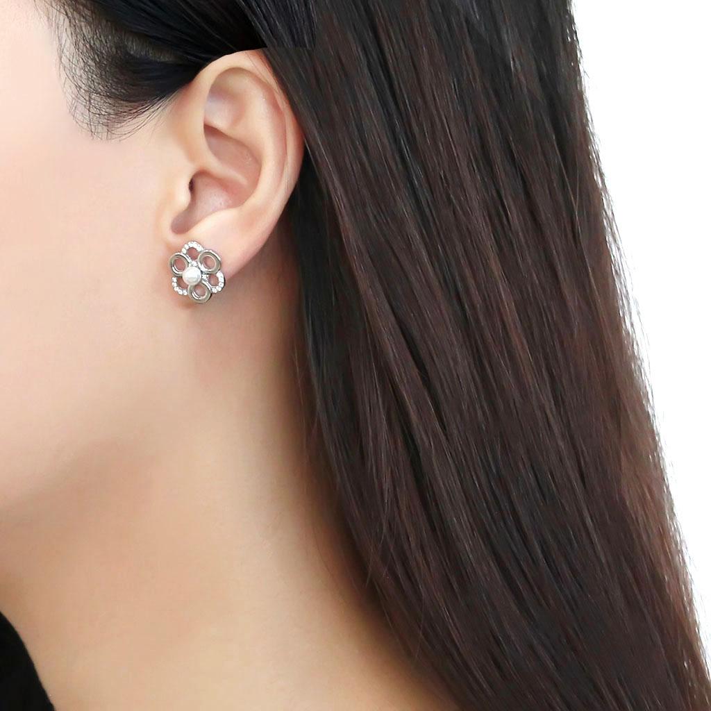 DA214 - High polished (no plating) Stainless Steel Earrings with Synthetic Pearl in White-2