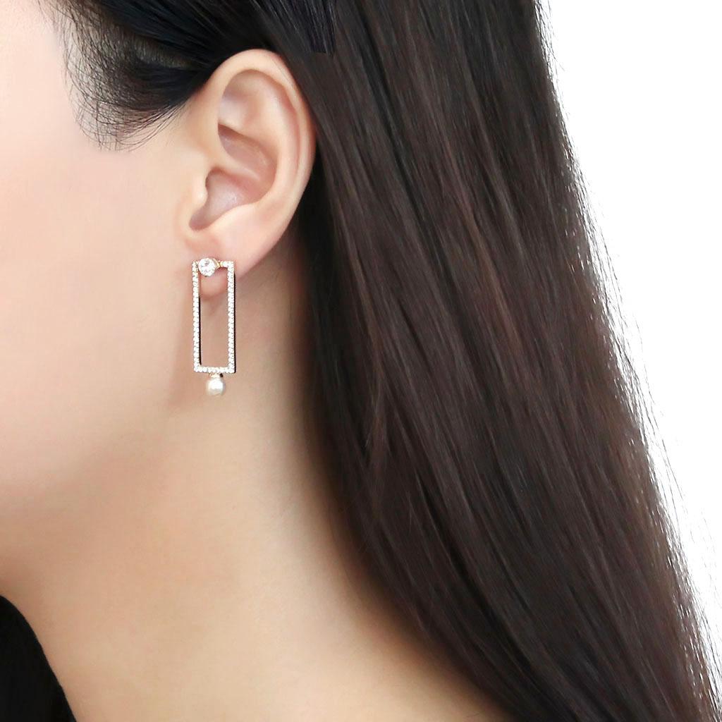 DA222 - IP Gold(Ion Plating) Stainless Steel Earrings with Synthetic Pearl in White-2