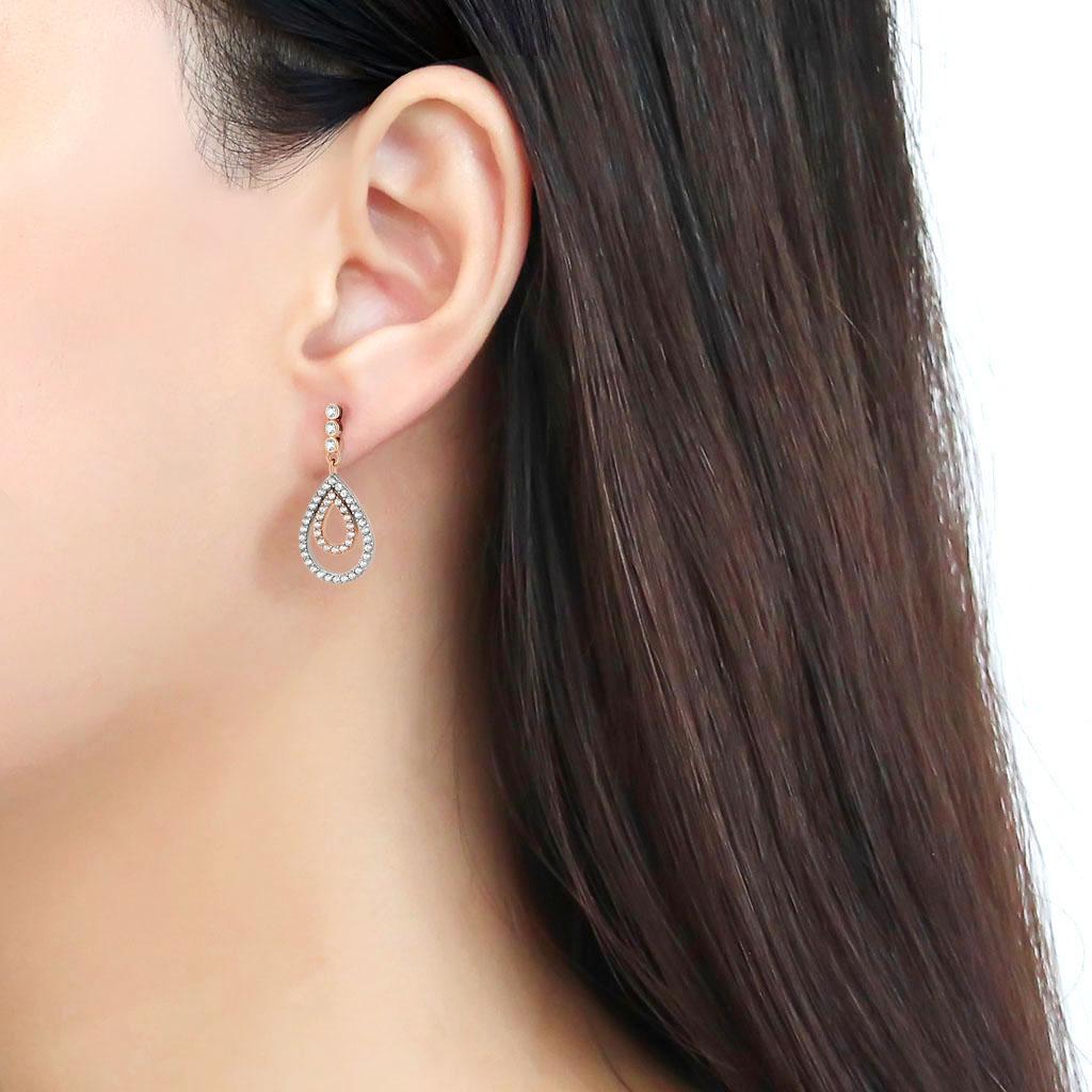 DA227 - Two-Tone IP Rose Gold Stainless Steel Earrings with AAA Grade CZ  in Clear-2