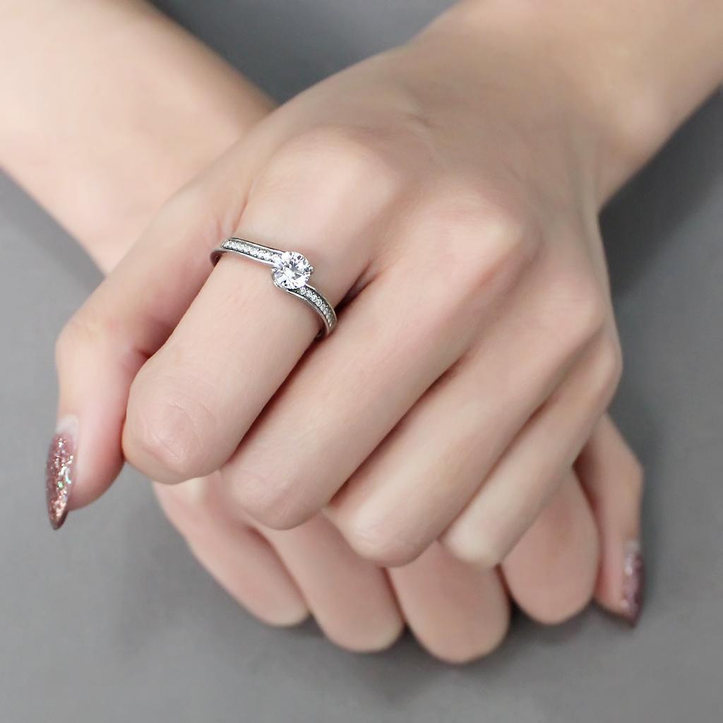 DA233 - High polished (no plating) Stainless Steel Ring with AAA Grade CZ  in Clear-4