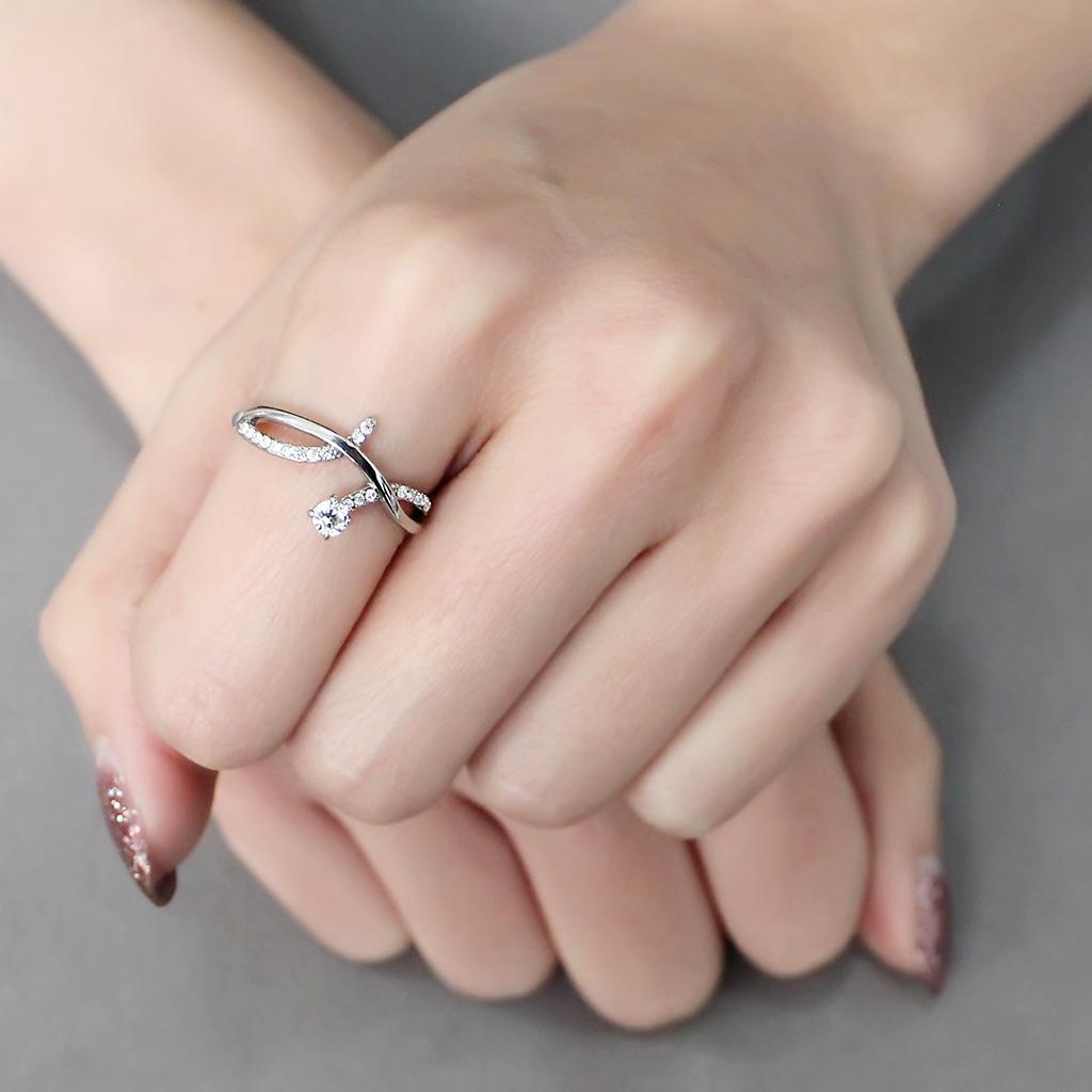 DA240 - High polished (no plating) Stainless Steel Ring with AAA Grade CZ  in Clear-4