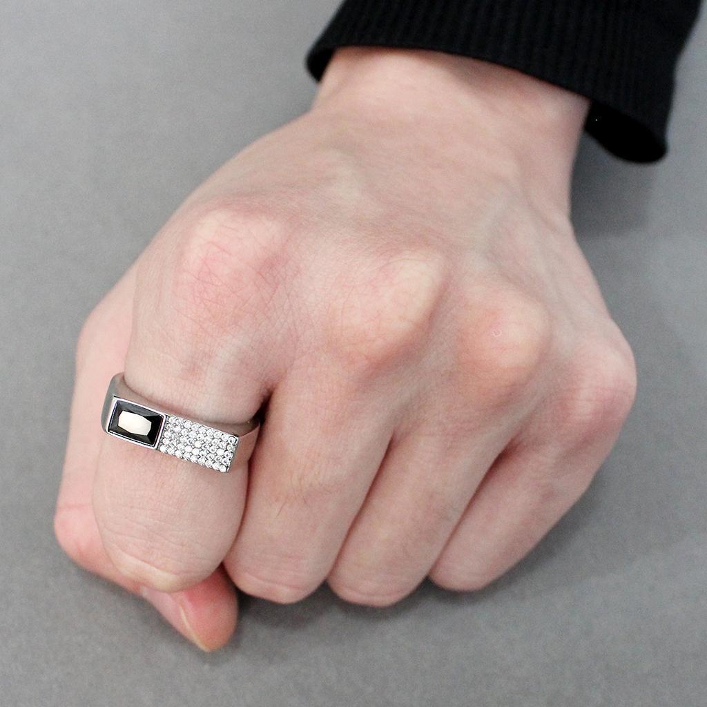 DA252 - High polished (no plating) Stainless Steel Ring with AAA Grade CZ  in Black Diamond-4