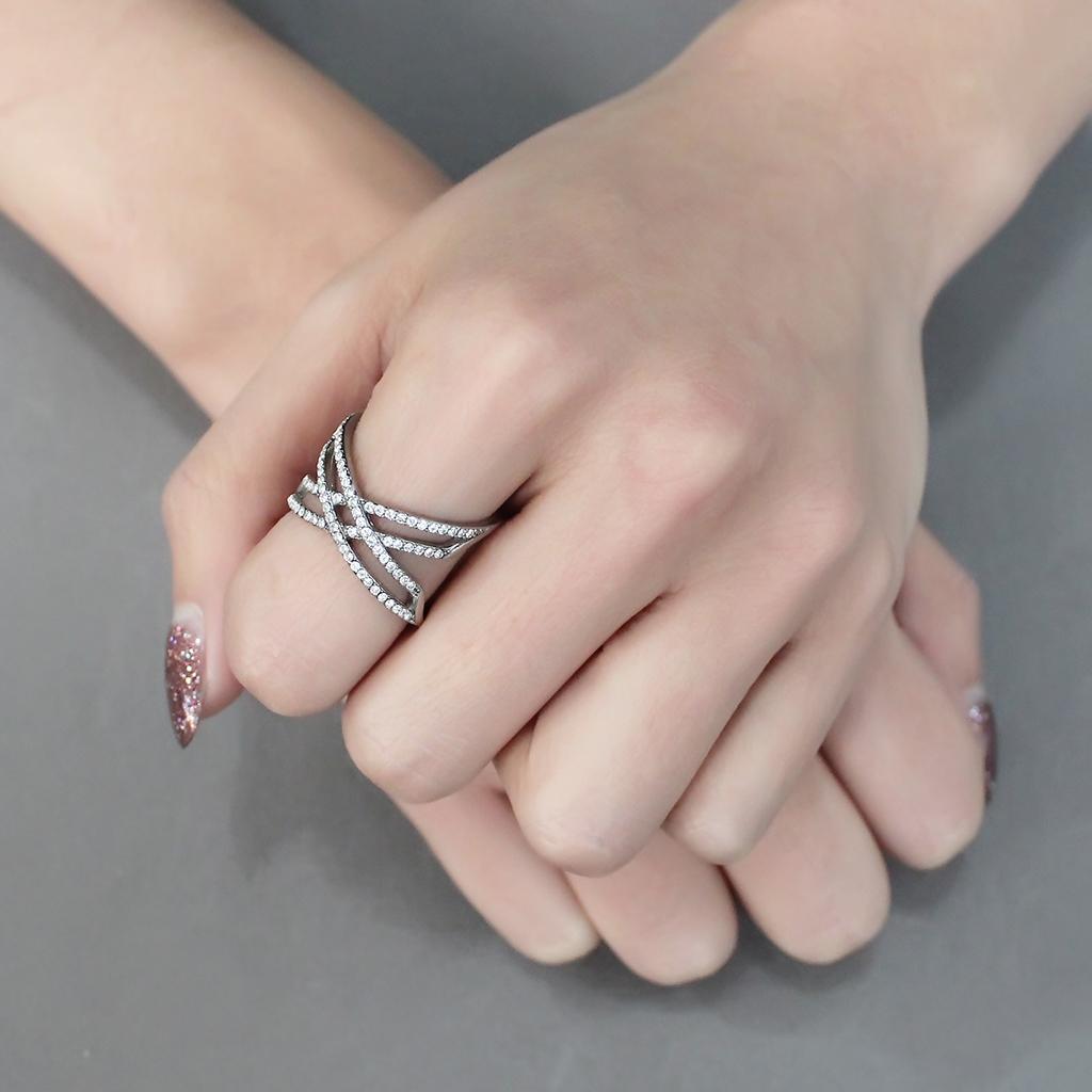 DA255 - High polished (no plating) Stainless Steel Ring with AAA Grade CZ  in Clear-4