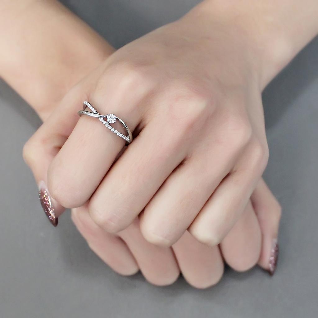 DA261 - High polished (no plating) Stainless Steel Ring with AAA Grade CZ  in Clear-4