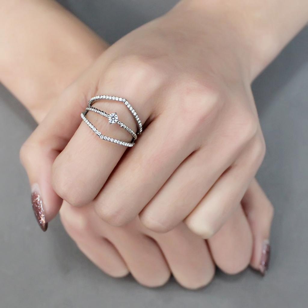 DA264 - High polished (no plating) Stainless Steel Ring with AAA Grade CZ  in Clear-4