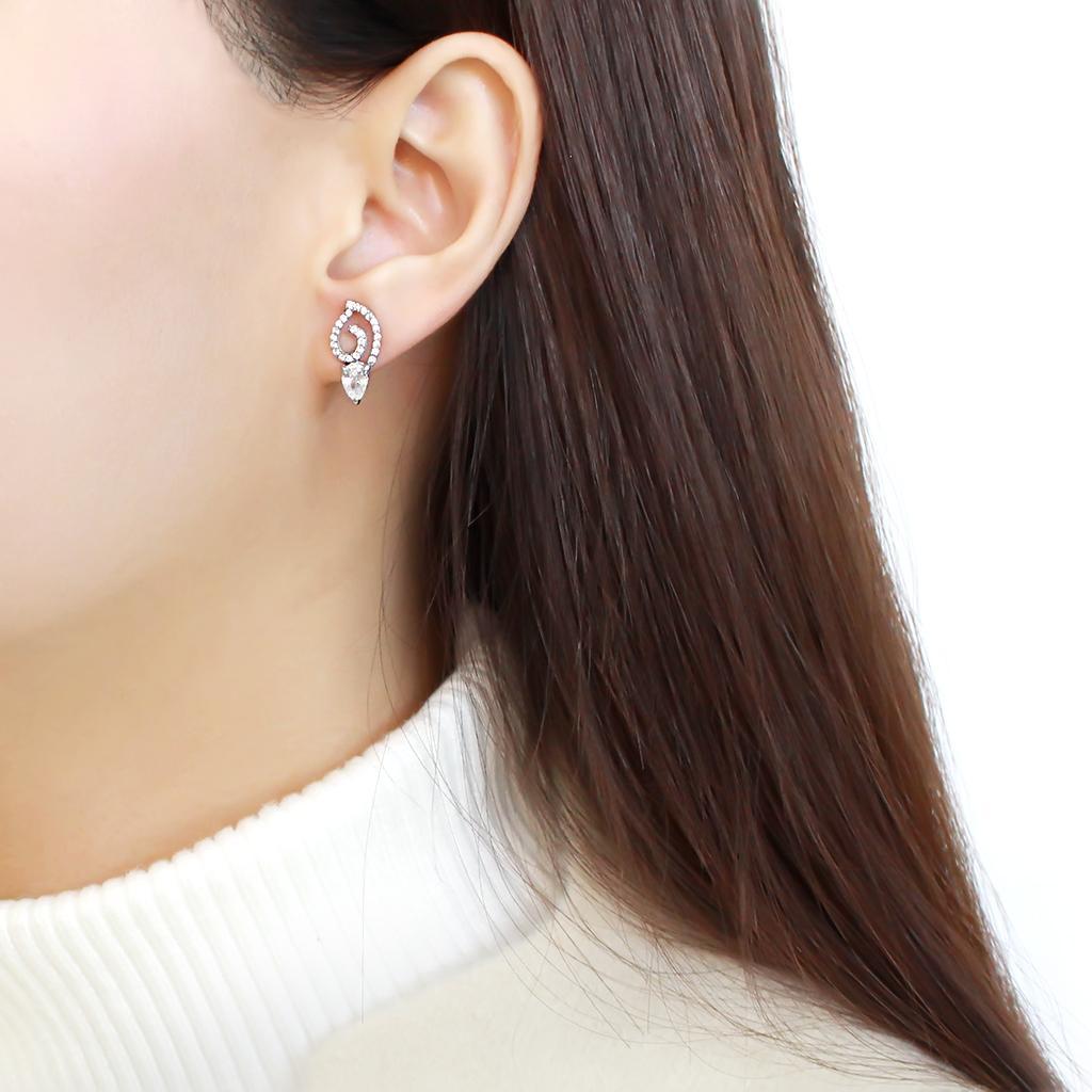 DA291 - High polished (no plating) Stainless Steel Earrings with AAA Grade CZ  in Clear-2