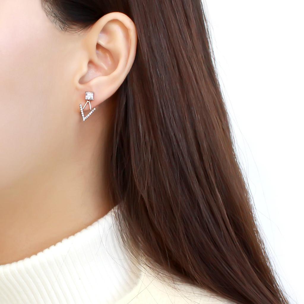 DA292 - High polished (no plating) Stainless Steel Earrings with AAA Grade CZ  in Clear-2