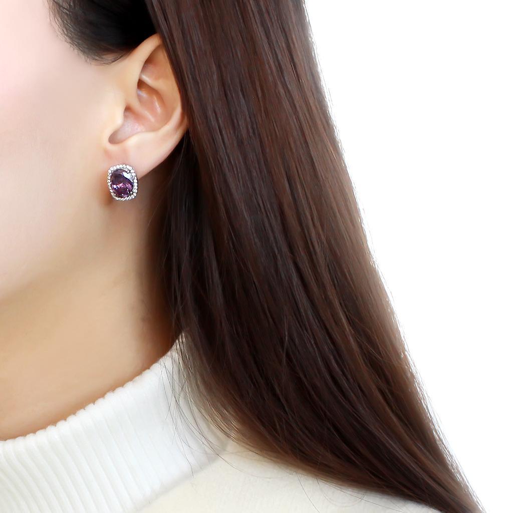 DA298 - High polished (no plating) Stainless Steel Earrings with AAA Grade CZ  in Amethyst-2