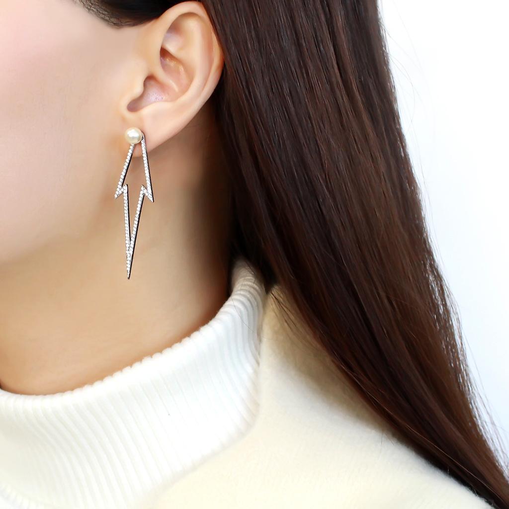 DA299 - High polished (no plating) Stainless Steel Earrings with Synthetic  in White-2