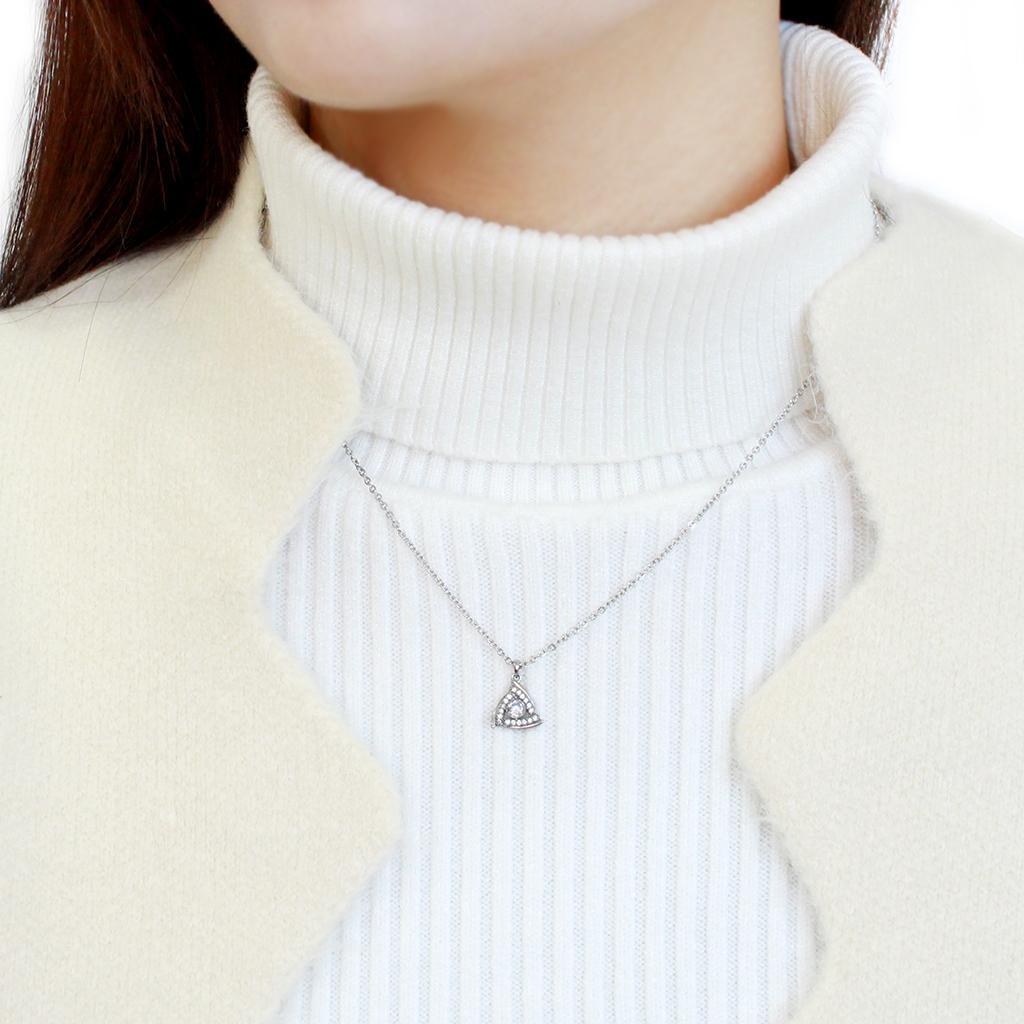 DA301 - High polished (no plating) Stainless Steel Chain Pendant with AAA Grade CZ  in Clear-2