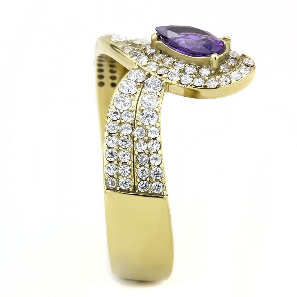 DA304 - IP Gold(Ion Plating) Stainless Steel Ring with AAA Grade CZ  in Tanzanite-4