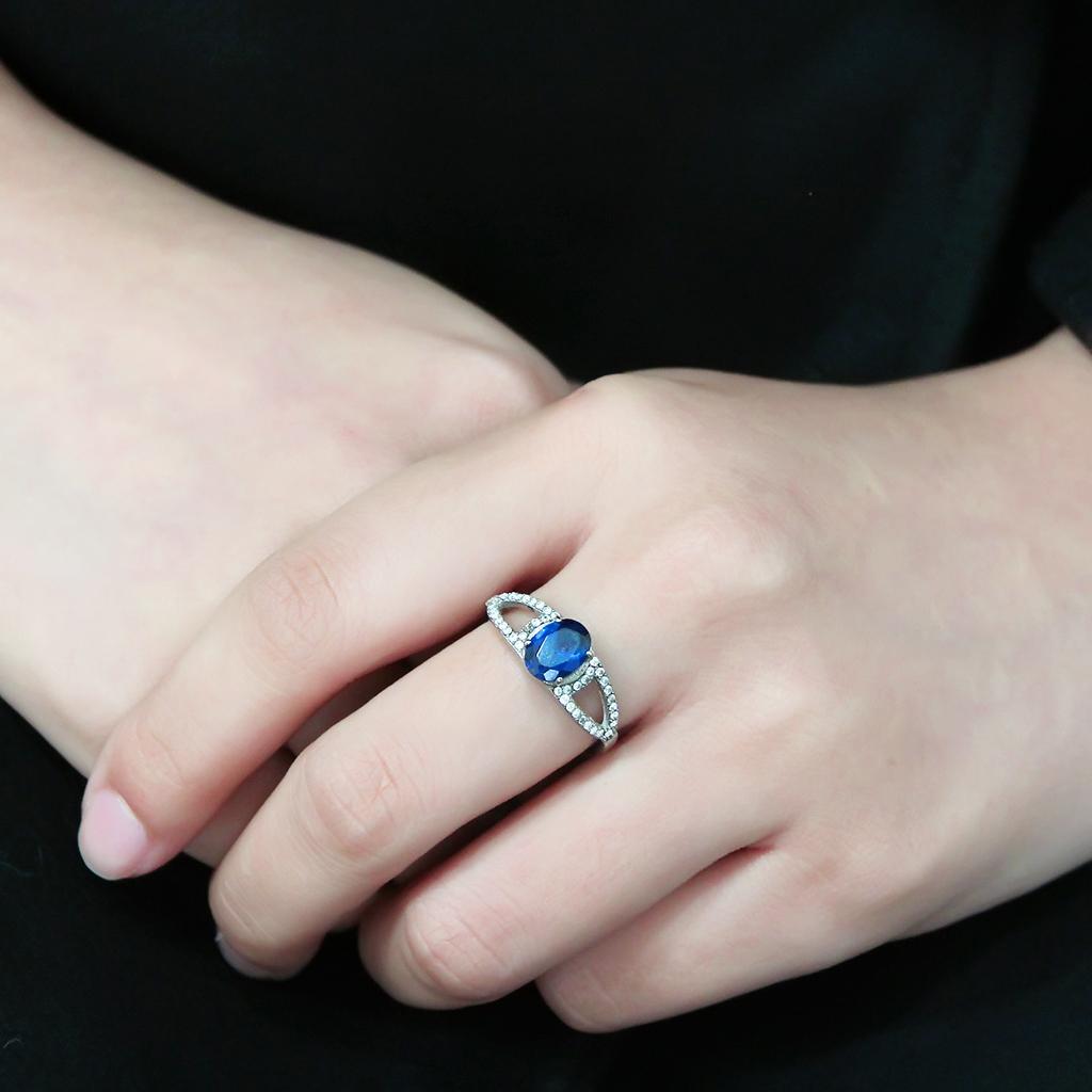 DA306 - No Plating Stainless Steel Ring with Synthetic Spinel in London Blue-4