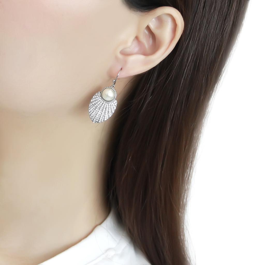 DA330 - No Plating Stainless Steel Earrings with Synthetic Pearl in White-2