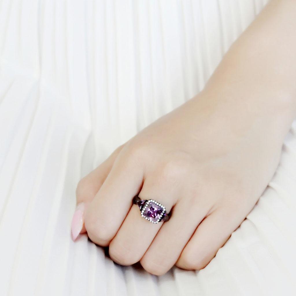 DA346 - IP Black(Ion Plating) Stainless Steel Ring with AAA Grade CZ  in Amethyst-4
