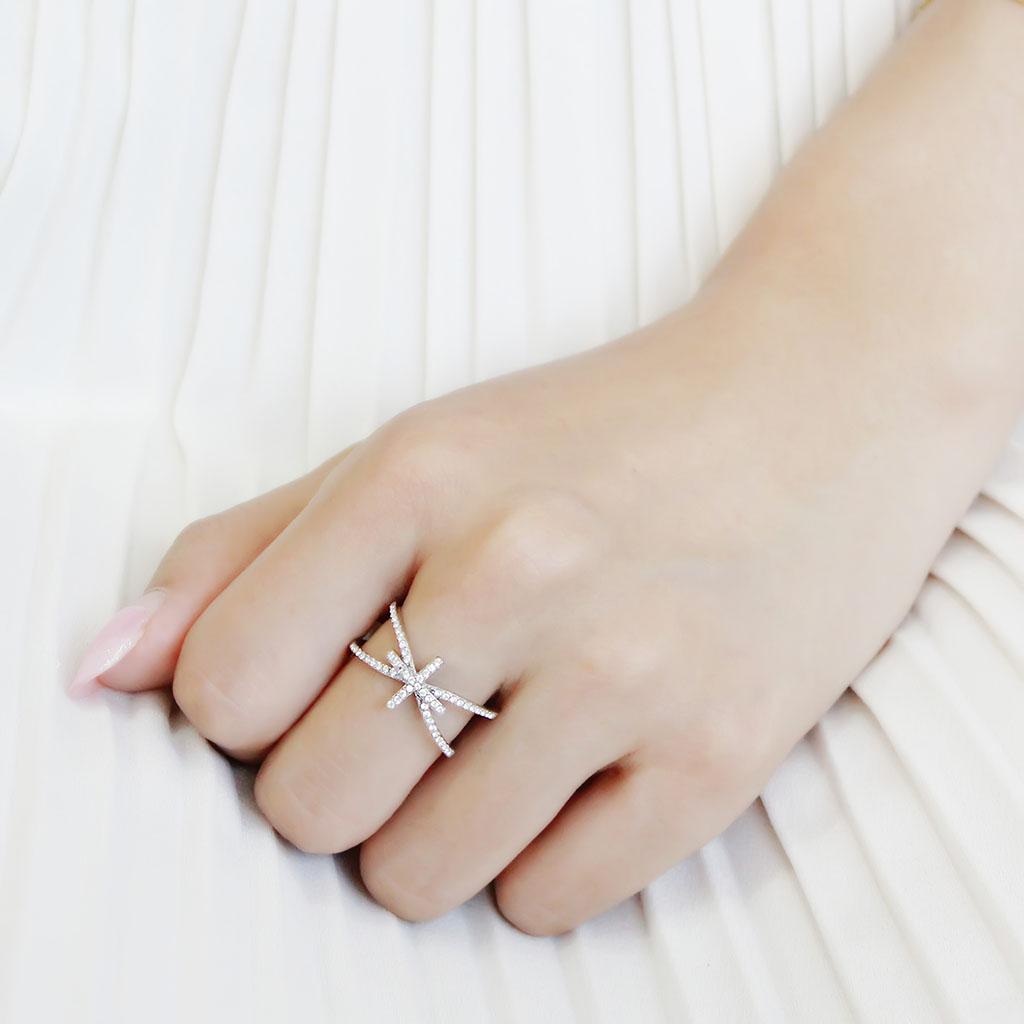 DA353 - High polished (no plating) Stainless Steel Ring with AAA Grade CZ  in Clear-4