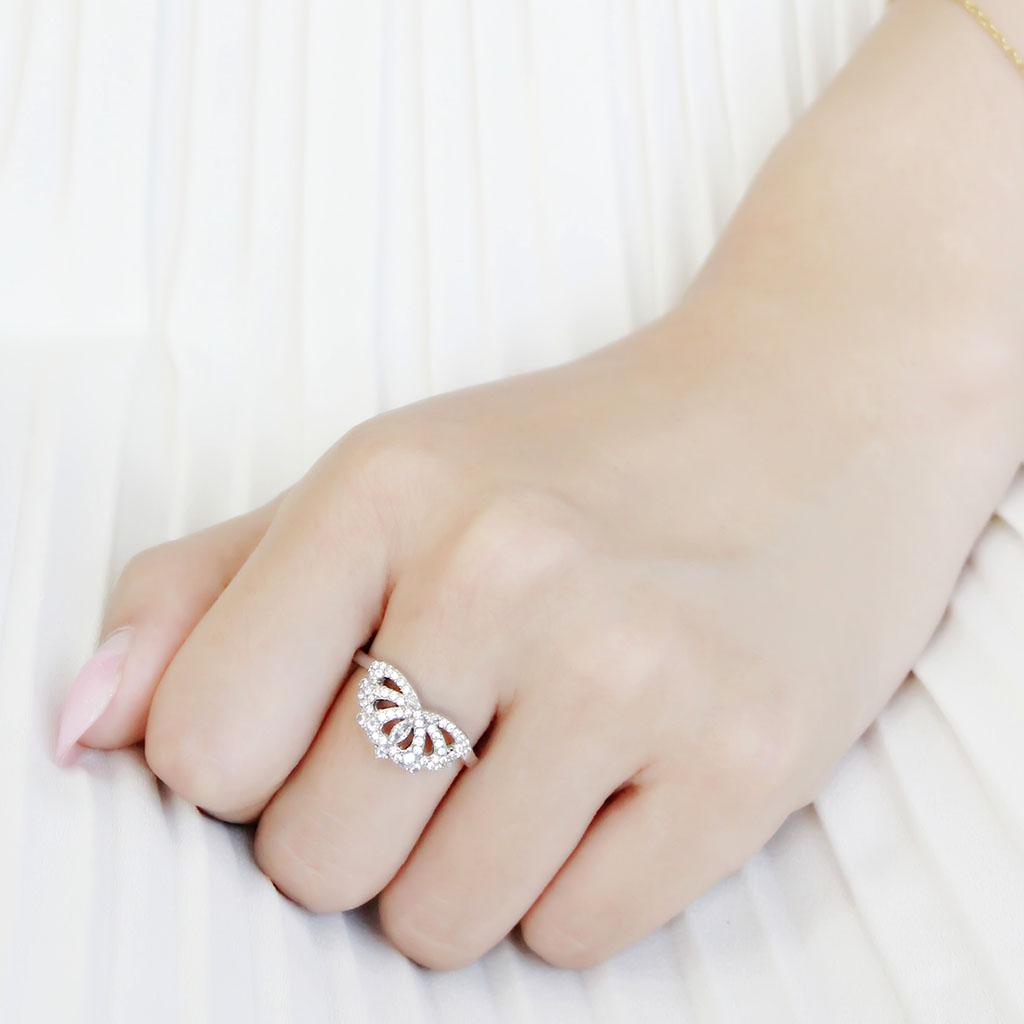 DA354 - High polished (no plating) Stainless Steel Ring with AAA Grade CZ  in Clear-4