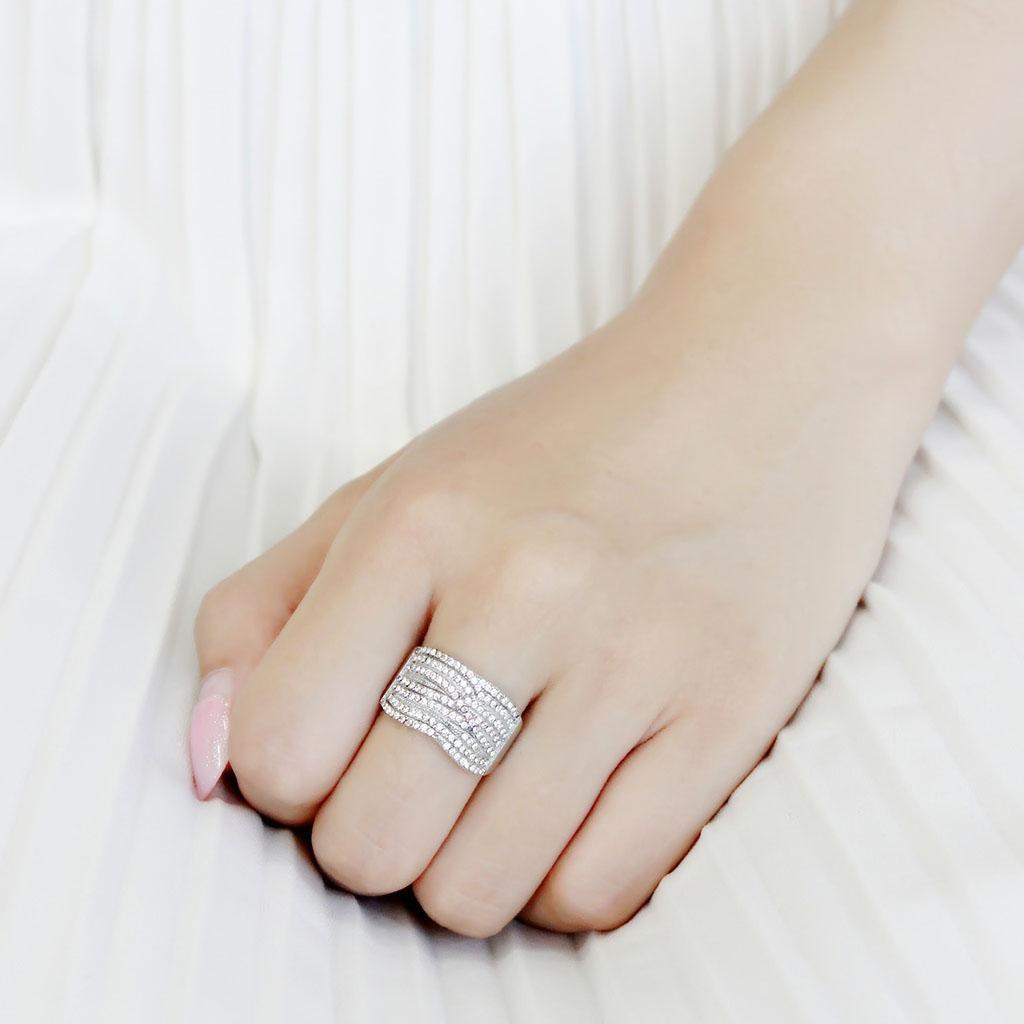 DA362 - High polished (no plating) Stainless Steel Ring with AAA Grade CZ  in Clear-4