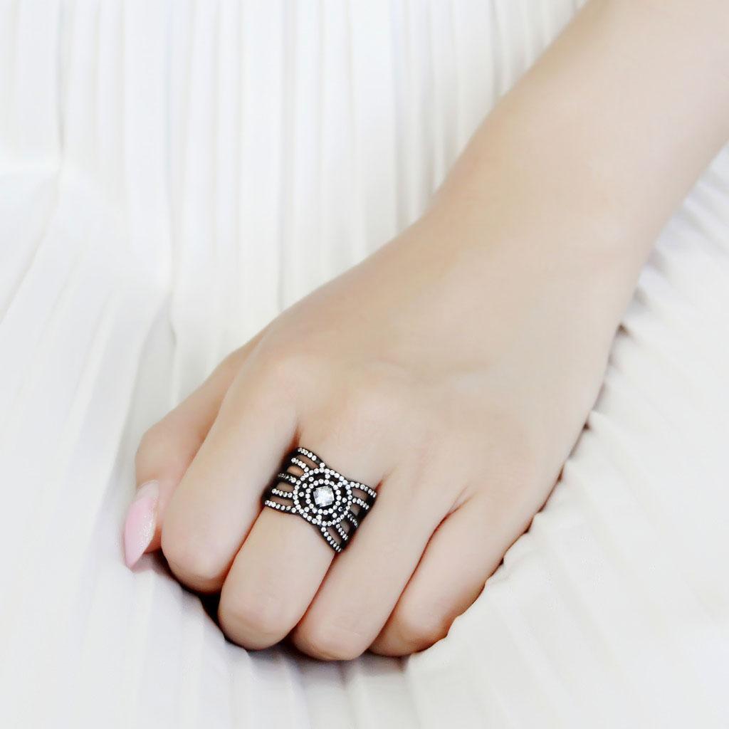 DA363 - IP Black(Ion Plating) Stainless Steel Ring with AAA Grade CZ  in Clear-4