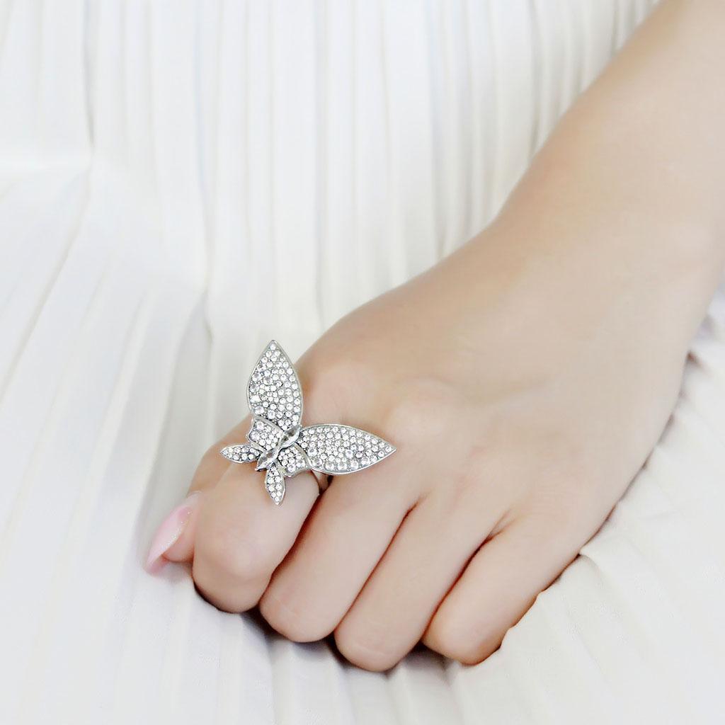 DA365 - High polished (no plating) Stainless Steel Ring with AAA Grade CZ  in Clear-4