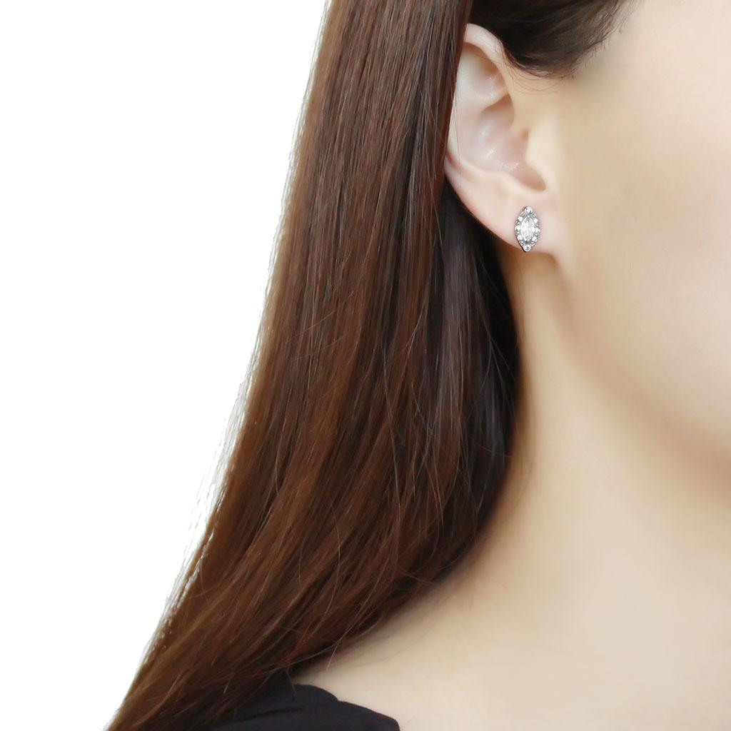 DA368 - High polished (no plating) Stainless Steel Earrings with AAA Grade CZ  in Clear-2