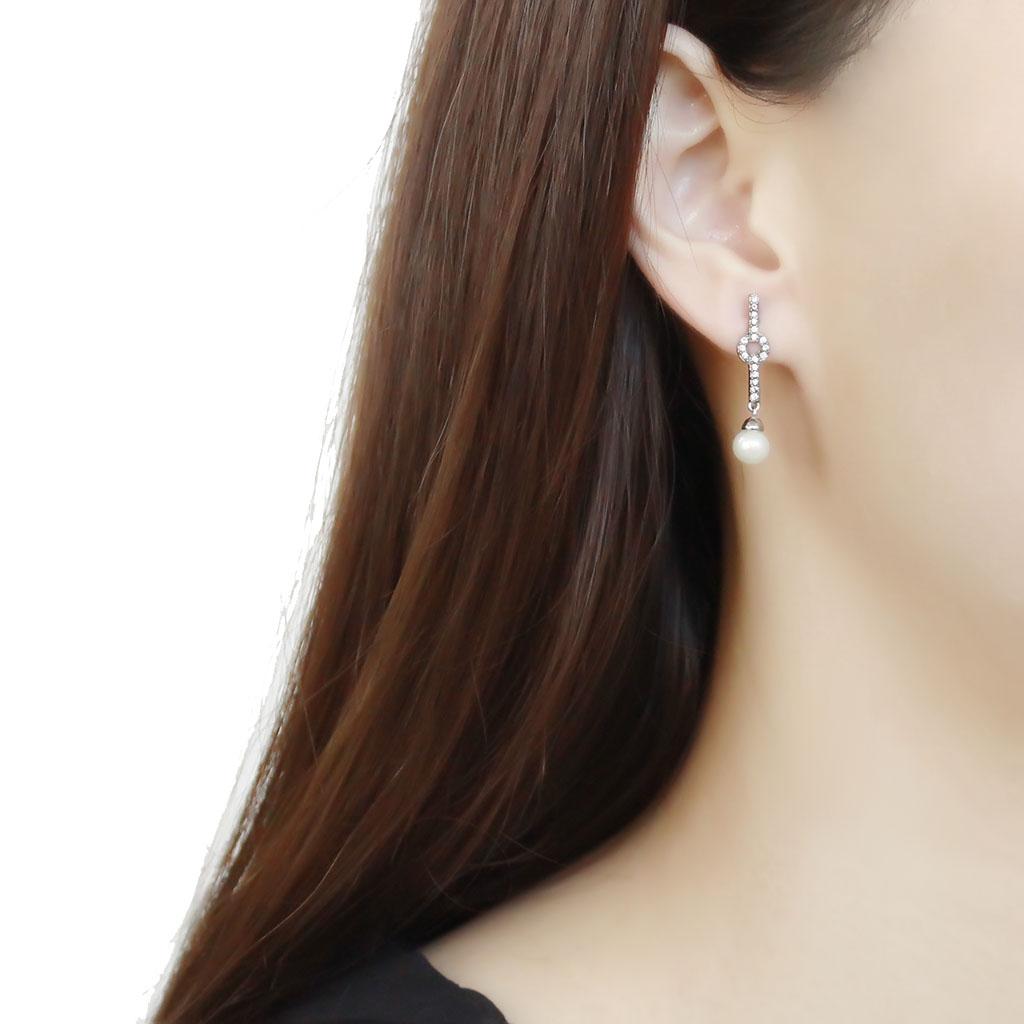 DA370 - High polished (no plating) Stainless Steel Earrings with Synthetic Pearl in White-2