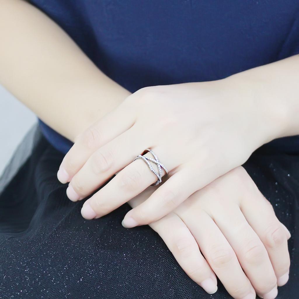 DA381 - High polished (no plating) Stainless Steel Ring with AAA Grade CZ  in Clear-4