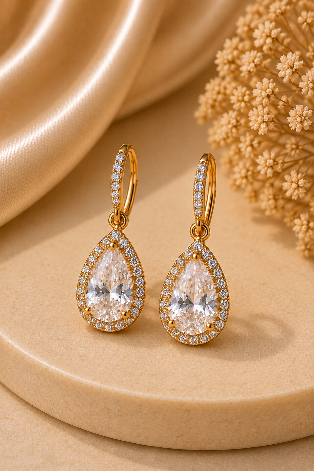 Pear-shaped drop earrings featuring sparkling teardrop stones with gold settings and halo accents – OrcaDeal Jewelry