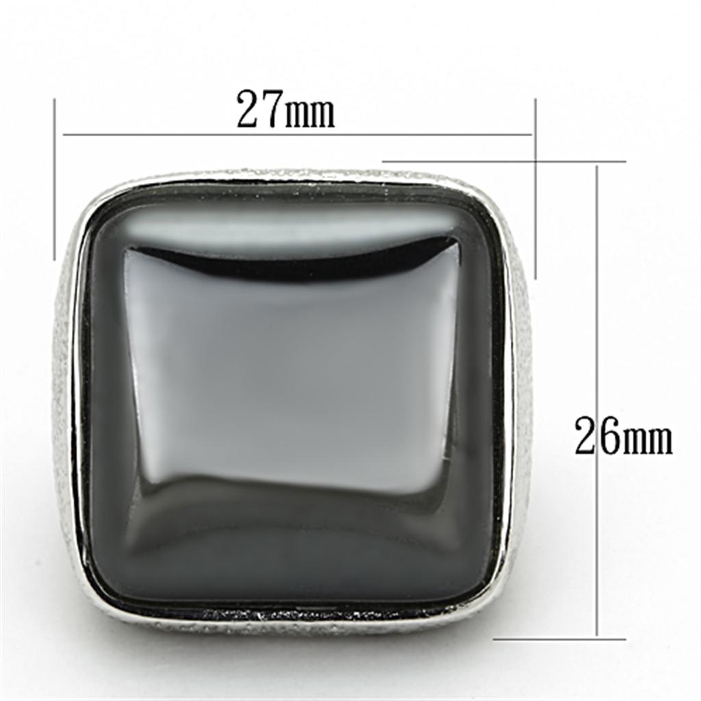 LO3045 - Rhodium Brass Ring with Semi-Precious Agate in Jet-1