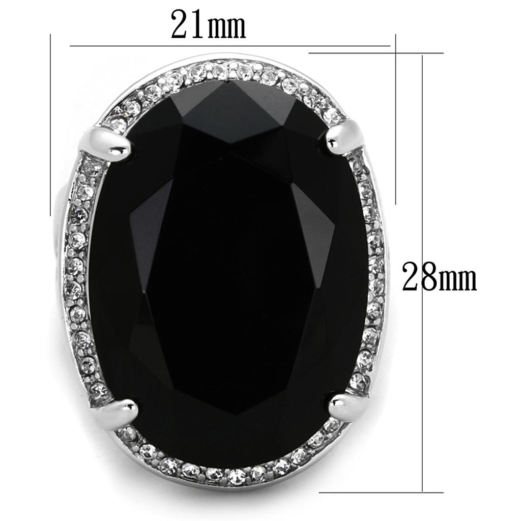LO3534 - Rhodium Brass Ring with Synthetic Synthetic Glass in Jet-1