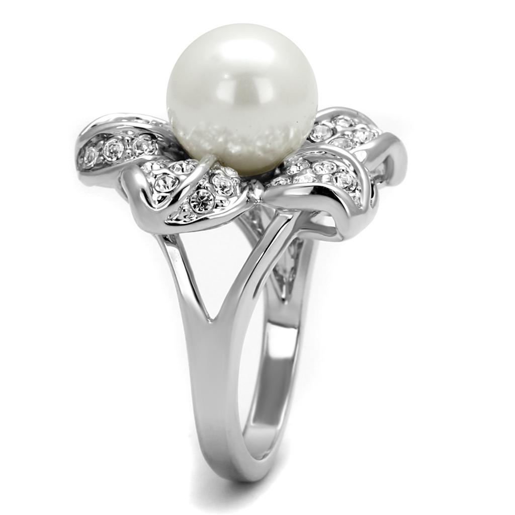 LO4088 - Rhodium Brass Ring with Synthetic Pearl in White-2