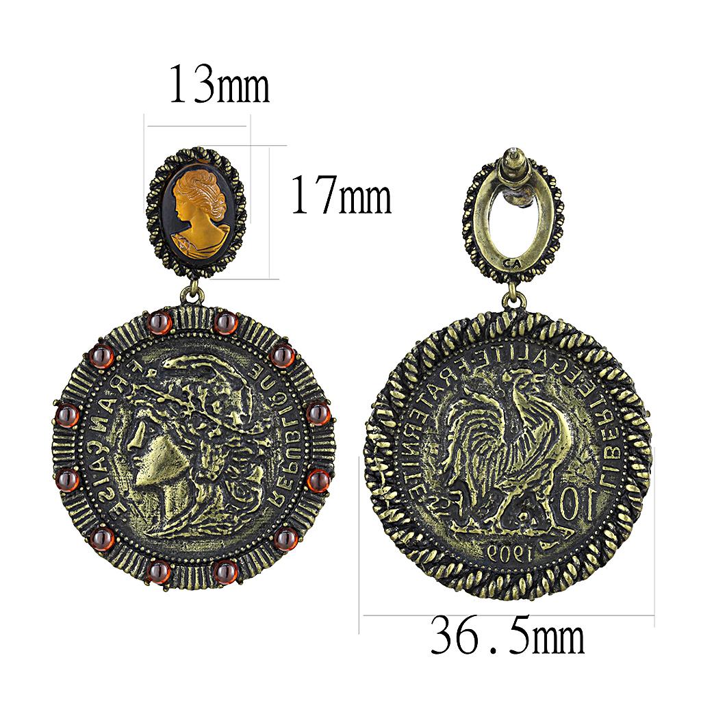 LO4190 - Antique Copper Brass Earrings with Synthetic Synthetic Stone in Smoked Quartz-1