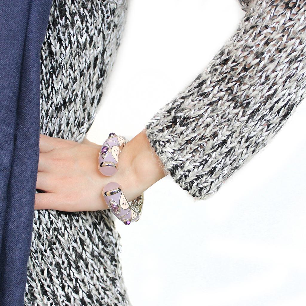 LO4268 - Rhodium Brass Bangle with Synthetic  in Rose-4