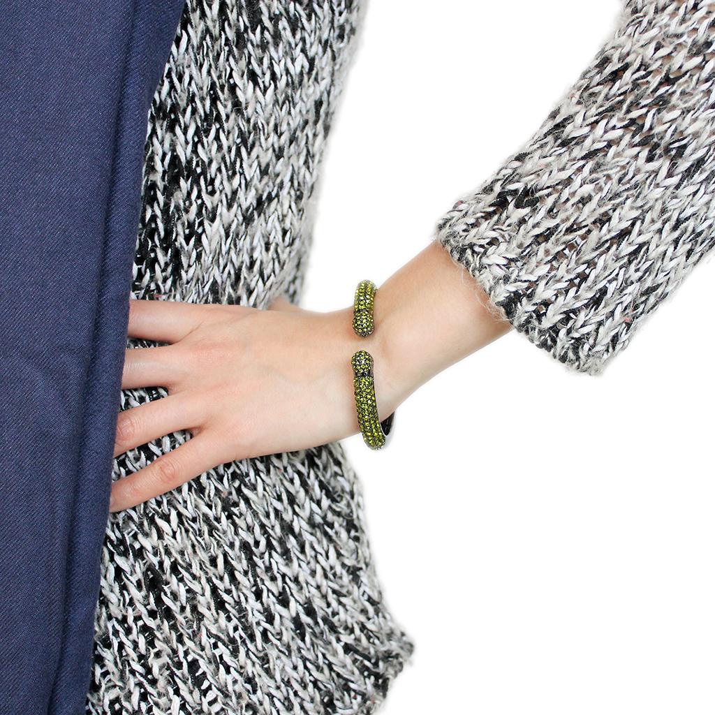 LO4284 - TIN Cobalt Black Brass Bangle with Top Grade Crystal  in Olivine color-4