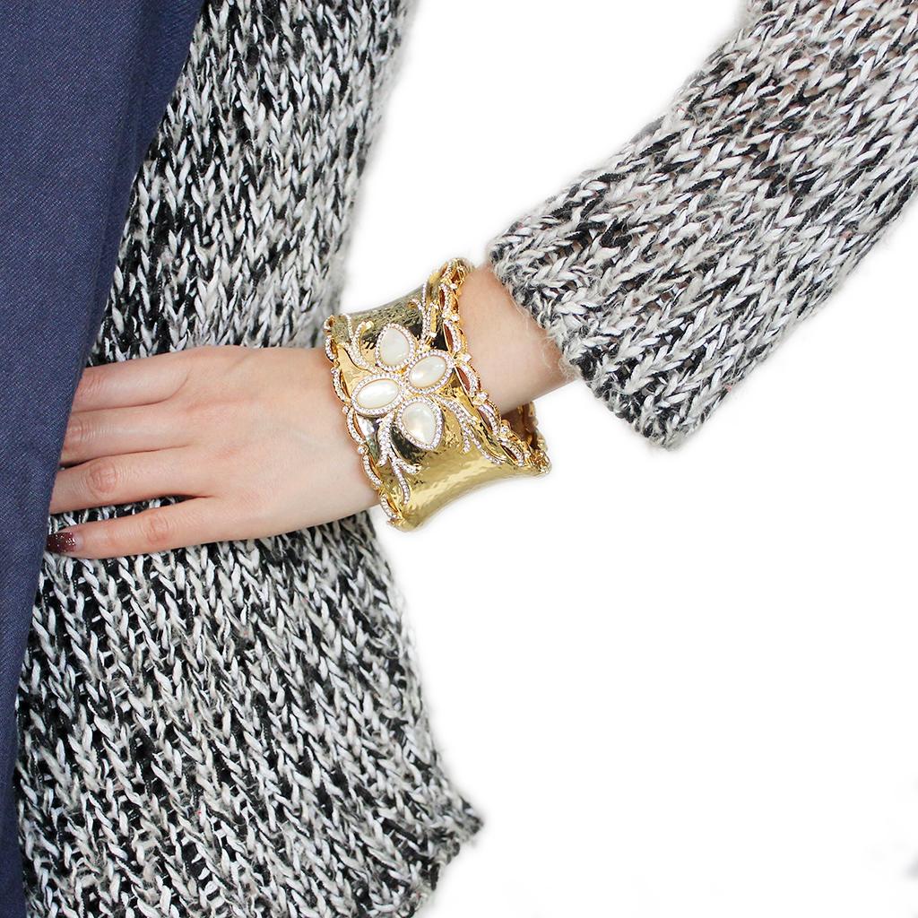 LO4285 - Gold Brass Bangle with Synthetic  in White-4